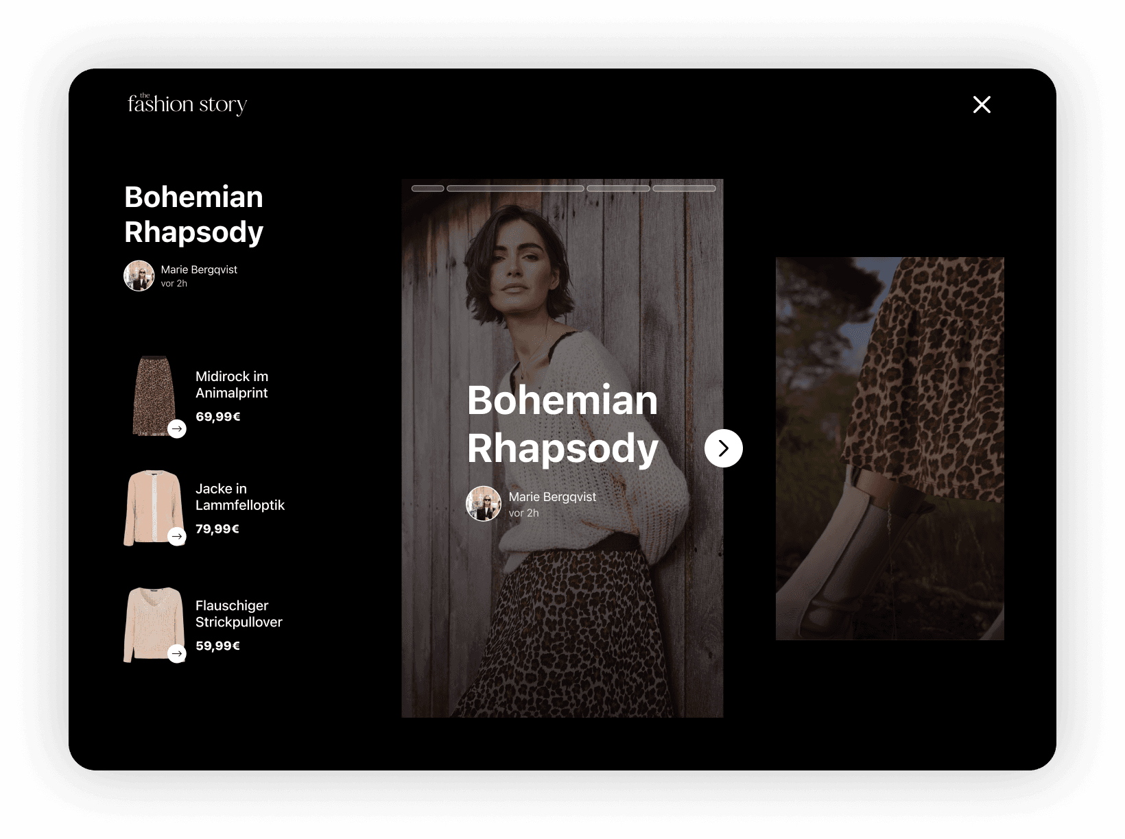 Desktop story viewer with the products from the story alongside it